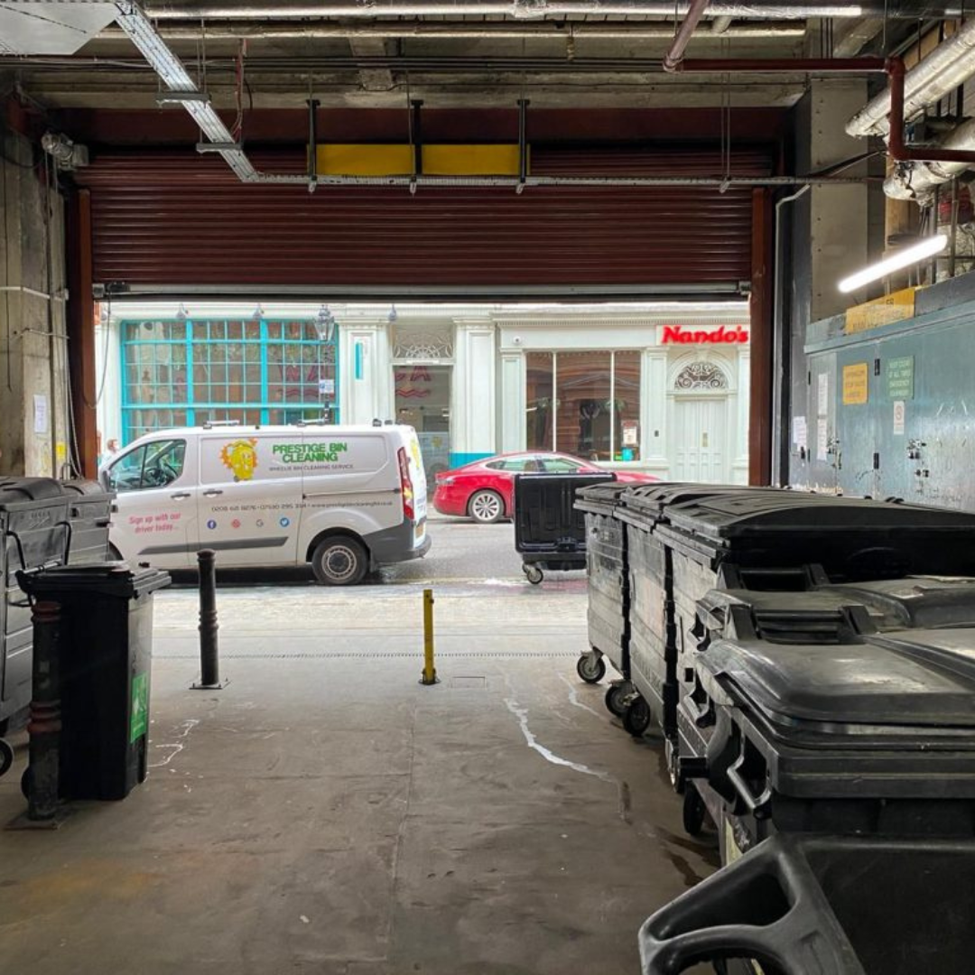 Prestige bin Cleaning Van outside a london bin store